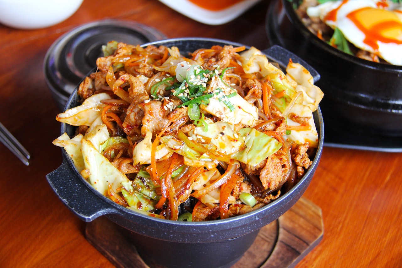 Korean beef bowl with cabbage carrot kimchi