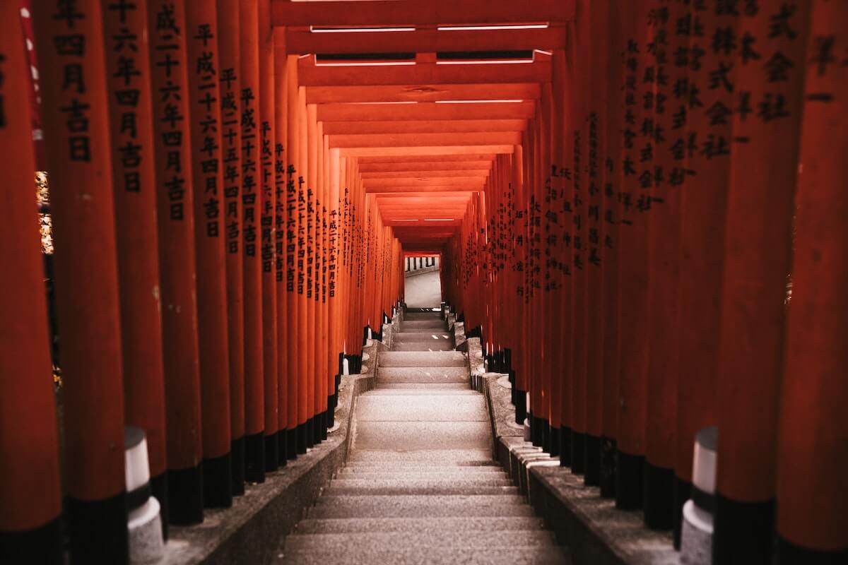 Steps with tori gates at Hie shrine in Tokyo