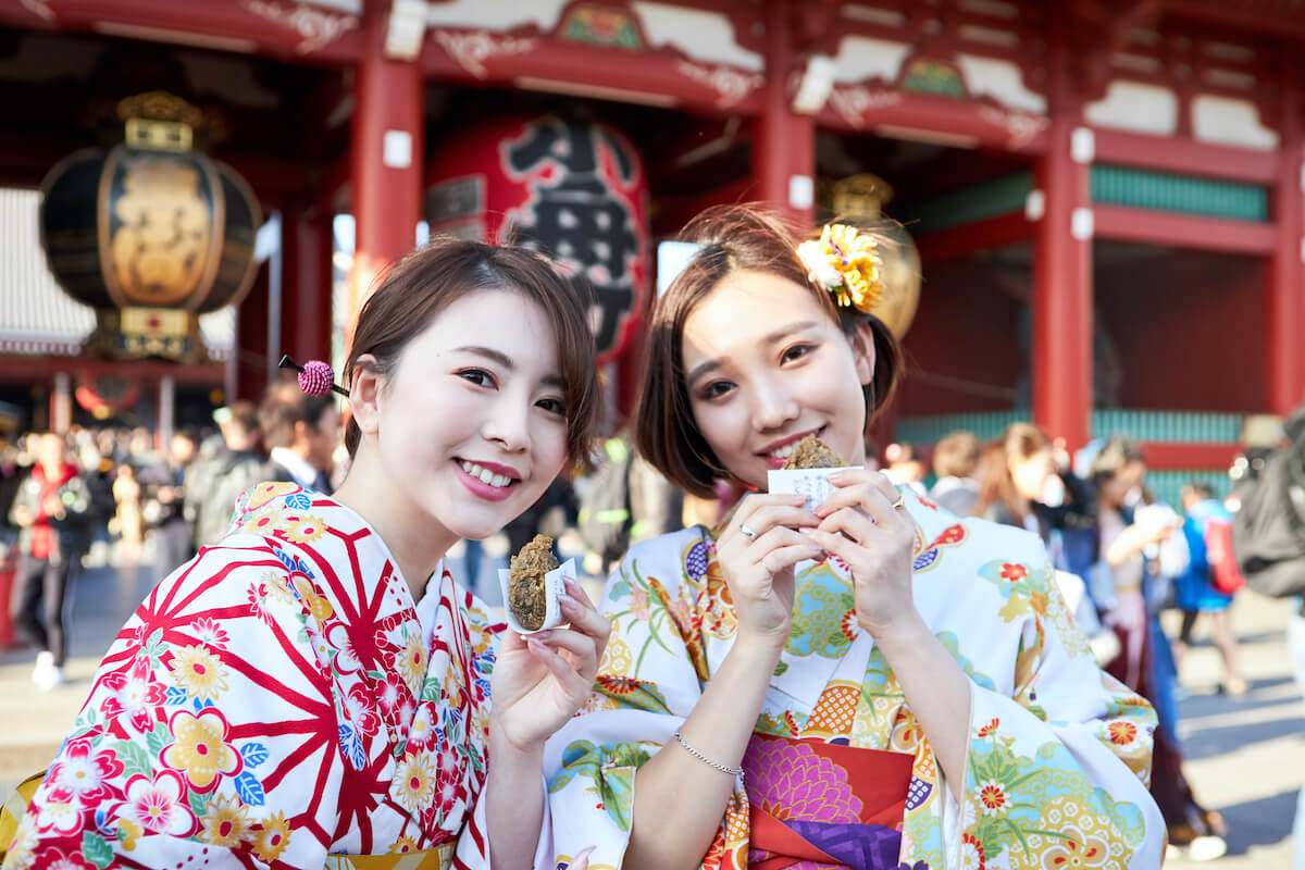 Two women wearing a kimono at Senso-ji shrine in Asakusa