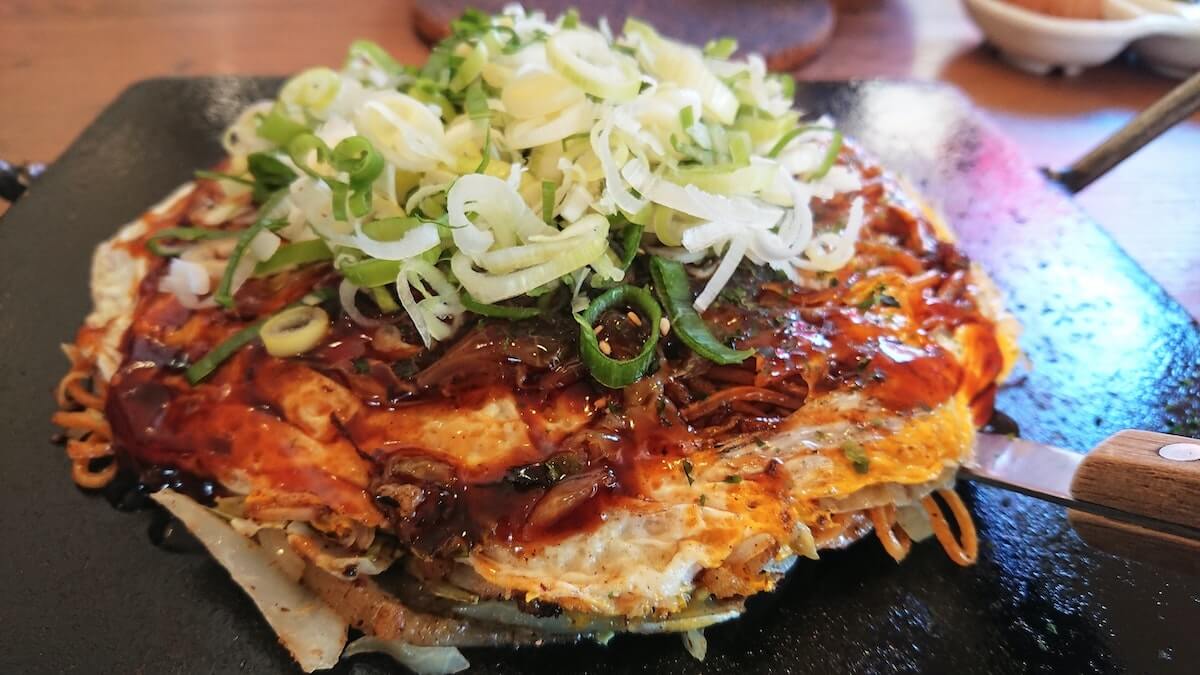 Hiroshima layered okonomiyaki on grill