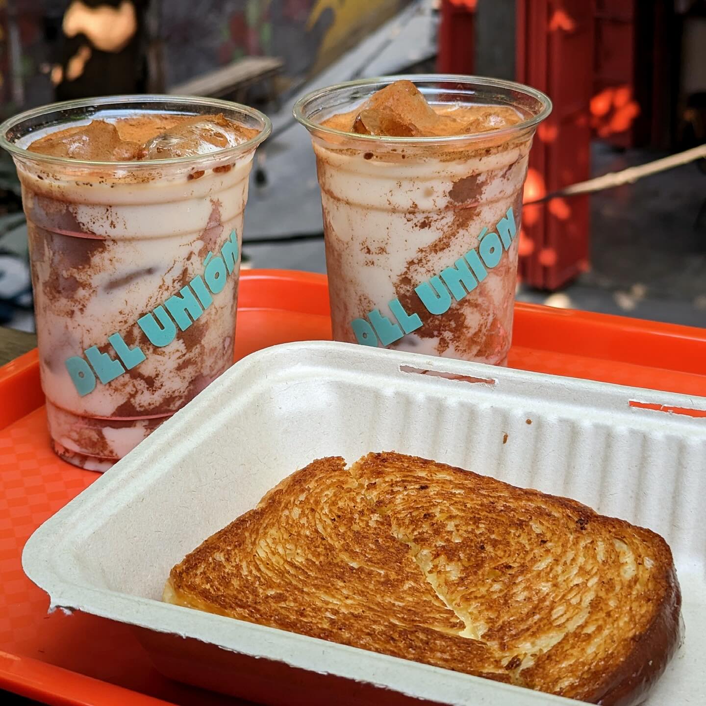 photo of iced coffee and del union grilled cheese
